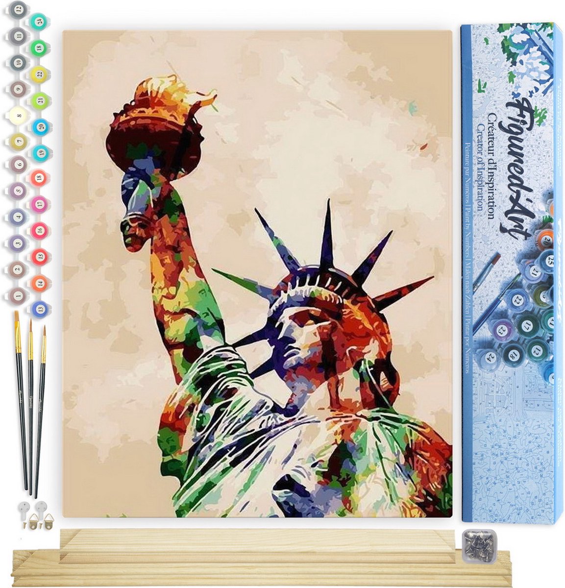 FiguredArt Schilderen op Nummer Volwassenen canvas Vrijheidsbeeld - Handwerk acrylverf Kit DIY Compleet - 40x50cm met DIY houten lijst